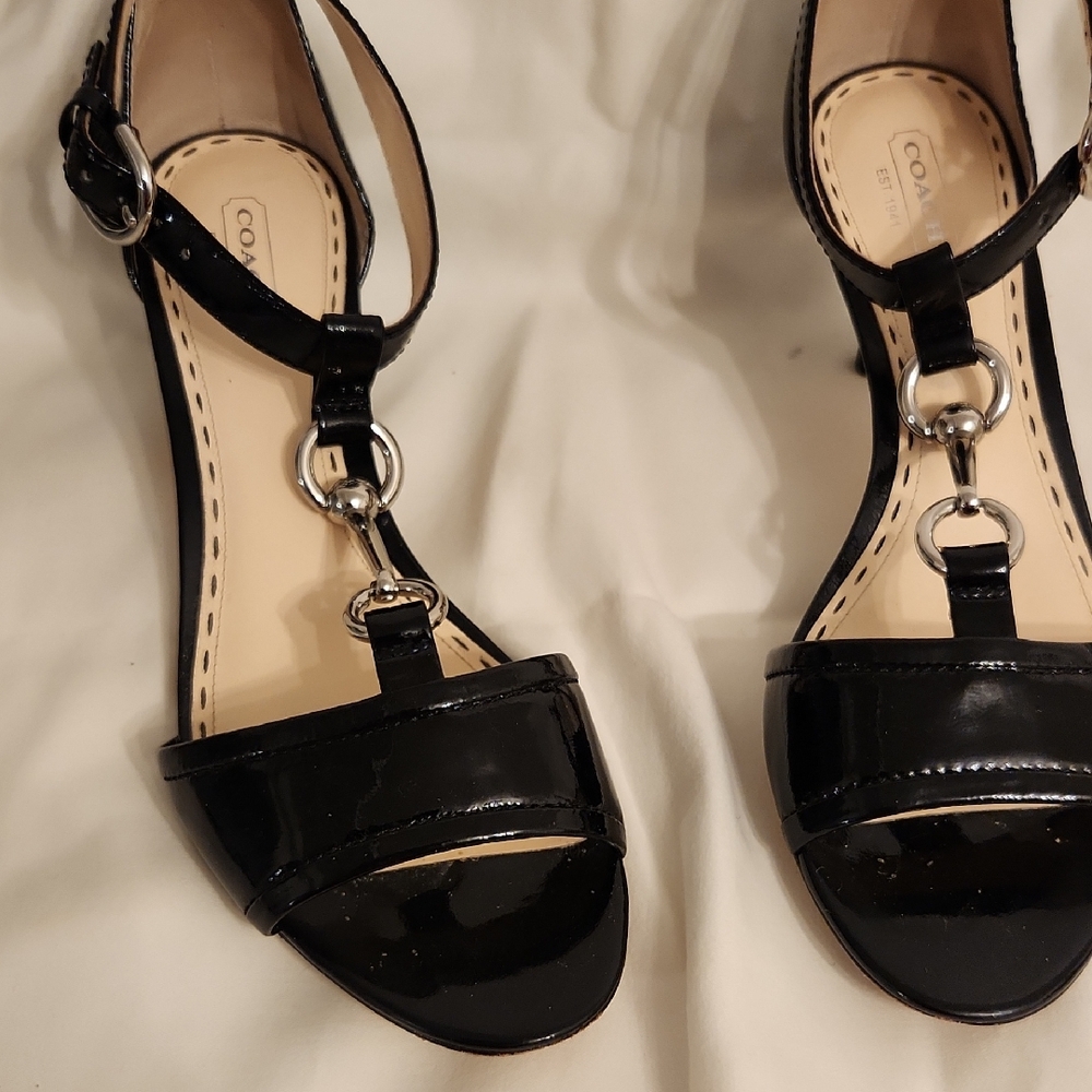 Coach Black Patent Leather Sandals with Silver Accents